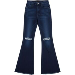 Swank A Posh Jeans M Distressed Flare Dark Wash Ripped Knee Frayed Hem 7538